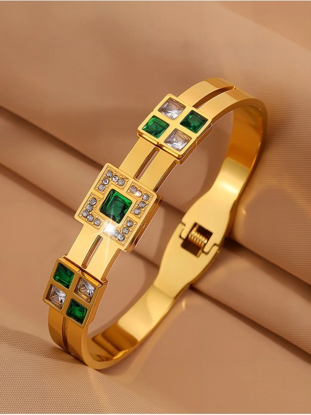 Gold-Tone Bracelet with Emerald Green and Clear Stones